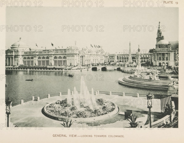General view.- Looking towards colonnade, View of the central square of the World's Columbian Exposition in Chicago in 1893, page, photomechanical print, number: 'Plate 19', photographer: Charles Dudley Arnold, Chicago, photographer: HD Higinbotham, cliché maker: anonymous, 1893, Charles Dudley Arnold, HD Higinbotham, photographer, clichémaker, North America, Illinois, paper, collotype, photoprint, height 133 mm x width 190 mm, ornamental fountain, pond, pool, world fair, world exhibition, World's Columbian Exposition, A wide view of a formal waterside plaza with a large circular fountain in the foreground spraying tall jets of water from a planted basin, a curved balustraded terrace surrounding stepped water basins and sculptural figures along the right side, and a broad ornamental pool extending toward a classical colonnaded building with arched windows and a domed roof on the left; a bridge with arches crosses the water toward the center, flanked by tall columnar monuments and addit...