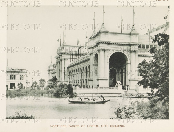 View of the Liberal Arts Building during the World's Columbian Exposition in Chicago in 1893, Northern facade of Liberal Arts Building, page, photomechanical print, number: 'Plate 2', photographer: Charles Dudley Arnold, Chicago, photographer: HD Higinbotham, clichémaker: anonymous, 1893, Charles Dudley Arnold, HD Higinbotham, photographer, clichémaker, North America, Illinois, paper, collotype, photogravure, height 134 mm x width 192 mm, world fair, world exhibition, World's Columbian Exposition, A large classical building with ornate columns and archways stands by a body of water, flags flying from poles on its roof and decorative sculptures on its cornices, a large arched entrance flanked by columns and a sculpted animal figure on a pedestal near the entrance; trees and shrubbery line the water’s edge and partially obscure parts of the building, a long rowboat with people is on the water in front of the facade, and a smaller building with arched windows is visible to the left.