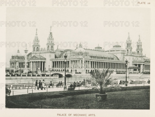 View of the machine building at the World's Columbian Exposition in Chicago in 1893, Palace of Mechanic Arts, page, photomechanical print, number: 'Plate 22', photographer: Charles Dudley Arnold, Chicago, photographer: HD Higinbotham, cliché maker: anonymous, 1893, Charles Dudley Arnold, HD Higinbotham, photographer, cliché maker, North America, Illinois, paper, collotype, photoprint, height 134 mm x width 190 mm, world fair, world exhibition, World's Columbian Exposition, A wide neoclassical building with a long colonnade and multiple domes and towers stands along a waterfront, featuring ornate statues atop the towers and decorative architectural details on facades; a bridge with decorative lamp posts spans the water in front of the building, and people are visible walking and sitting on benches along a promenade; in the foreground there is a grassy area with a potted palm plant and a row of benches, and the overall scene is presented in a monochrome, vintage photographic style.