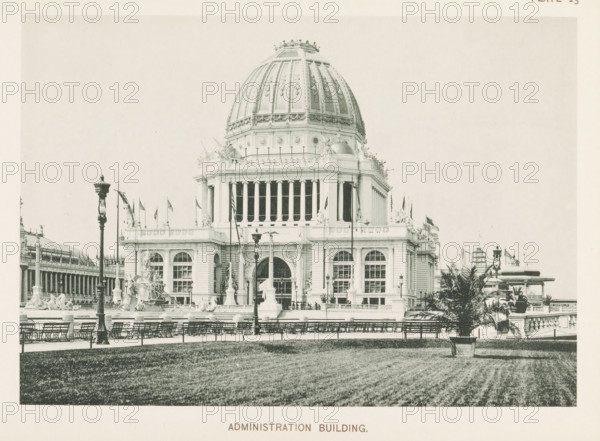 Administration Building, View of the administration building, designed by Richard Morris Hunt at the World's Columbian Exposition in Chicago in 1893, page, photomechanical print, number: 'Plate 23', photographer: Charles Dudley Arnold, Chicago, photographer: HD Higinbotham, cliché maker: anonymous, 1893, Charles Dudley Arnold, HD Higinbotham, photographer, cliché maker, North America, Illinois, paper, collotype, photoprint, height 133 mm x width 190 mm, world fair, world exhibition, World's Columbian Exposition, A large neoclassical building with a prominent domed roof, ornate sculptures, and decorative friezes sits behind a balustrade and a row of benches; tall columns and arched windows mark the facade, flanked by flagpoles and ornamental lamp posts, while fountains and sculpted figures occupy the area in front and manicured grass and potted palms appear in the foreground.