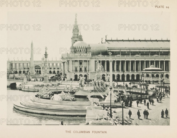 The Columbian Fountain, View of the Columbian Fountain by Frederick William MacMonnies at the World's Columbian Exposition in Chicago in 1893, page, photomechanical print, number: 'Plate 24', photographer: Charles Dudley Arnold, Chicago, photographer: HD Higinbotham, cliché maker: anonymous, 1893, Charles Dudley Arnold, HD Higinbotham, photographer, cliché maker, North America, Illinois, paper, collotype, photoprint, height 133 mm x width 191 mm, ornamental fountain, world fair, world exhibition, World's Columbian Exposition, A wide plaza with a large ornate fountain in the foreground featuring multiple sculpted figures and tiered curved steps leading into water, a number of people walking and standing along the plaza and near the fountain, decorative lamp posts and balustrades lining the walkways, a tall column and other sculpted monuments rising behind the fountain, an elaborate classical building with columns, arches, statues, and a domed and towered central structure occupying the ...
