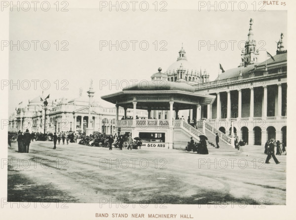 Band stand near Machinery Hall, Bandstand at the World's Columbian Exposition in Chicago in 1893, page, photomechanical print, number: 'Plate 25', photographer: Charles Dudley Arnold, Chicago, photographer: HD Higinbotham, cliché maker: anonymous, 1893, Charles Dudley Arnold, HD Higinbotham, photographer, cliché maker, North America, Illinois, paper, collotype, photoprint, height 134 mm x width 191 mm, world fair, world exhibition, music-hall - AA - open-air performances, World's Columbian Exposition, A large octagonal bandstand with a domed roof and decorative railings stands on a raised platform with a broad staircase, surrounded by groups of people in period clothing, some seated and some standing under umbrellas; behind it are grand classical buildings with columns, arched openings, domes, statues, and flagpoles, and the open paved foreground stretches toward the viewer with scattered pedestrians and carriages along the street.
