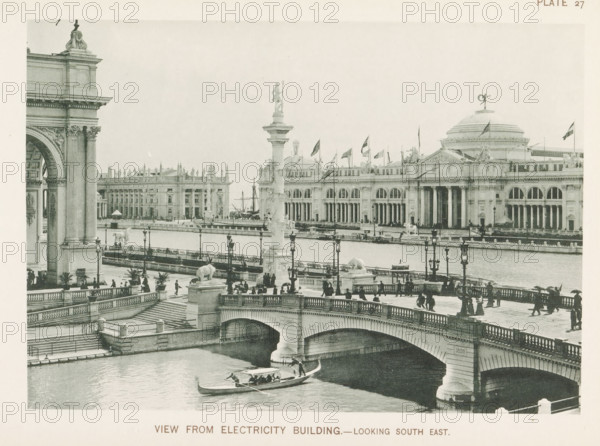 View from Electricity Building.- Looking south east, View of the agricultural building, designed by Charles McKim at the World's Columbian Exposition in Chicago in 1893, page, photomechanical print, number: 'Plate 27', photographer: Charles Dudley Arnold, Chicago, photographer: HD Higinbotham, cliché maker: anonymous, 1893, Charles Dudley Arnold, HD Higinbotham, photographer, cliché maker, North America, Illinois, paper, collotype, photoprint, height 133 mm x width 190 mm, rowing-boat, canoe, pond, pool, world fair, world exhibition, World's Columbian Exposition, A wide, sepia-toned scene of a waterfront with a large arched bridge in the foreground and an ornate building with columns and a domed roof across the water, numerous flagpoles along the roofline, decorative lampposts and statues on the bridge and along the waterfront, a tall column topped by a statue rising near the center, a gondola-like boat with people being rowed under the bridge, multiple pedestrians walking along balust...
