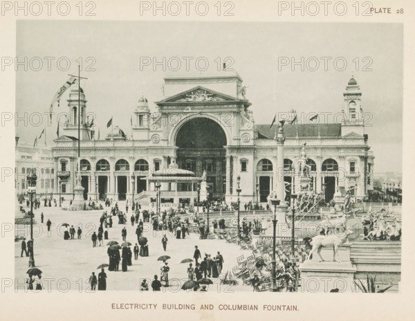 Electricity Building and Columbian Fountain, View of the electricity building and the Columbian Fountain at the World's Columbian Exposition in Chicago in 1893, page, photomechanical print, number: 'Plate 28', photographer: Charles Dudley Arnold, Chicago, photographer: HD Higinbotham, cliché maker: anonymous, 1893, Charles Dudley Arnold, HD Higinbotham, photographer, cliché maker, North America, Illinois, paper, collotype, photoprint, height 133 mm x width 190 mm, ornamental fountain, world fair, world exhibition, World's Columbian Exposition, A wide stone plaza filled with many people walking and standing, several holding umbrellas, faces and clothing visible in period styles; a large ornate building with arched entrances, decorative columns, domed towers, sculptural reliefs, and a central large arched opening; flagpoles and banners rising above parts of the building; a multi-tiered fountain with statues, sculpted animals, and decorative railings in front of the building; rows of benc...