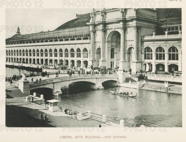 Liberal Arts Building.- West entrance, View of the entrance to the Liberal Arts Building during the World's Columbian Exposition in Chicago in 1893, page, photomechanical print, number: 'Plate 3', photographer: Charles Dudley Arnold, Chicago, photographer: HD Higinbotham, cliché maker: anonymous, 1893, Charles Dudley Arnold, HD Higinbotham, photographer, cliché maker, North America, Illinois, paper, collotype, photogravure, height 128 mm x width 191 mm, gate, entrance, world fair, world exhibition, World's Columbian Exposition, A large stone building with rows of tall arched windows and ornate columns rises beside a waterway, its facade featuring decorative sculptures and a grand arched entrance flanked by fluted pillars; a balustraded bridge with stone railings spans the water in front of the building, and people walk along the bridge and the riverside promenade while small boats occupy the water, one carrying passengers with an oarsman standing at the stern.