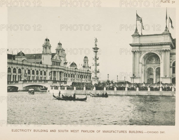 Electricity Building and south west pavilion of Manufactures Building.- Chicago day, View of the electricity building and the pond with boats during the World's Columbian Exposition in Chicago in 1893, page, photomechanical print, number: 'Plate 32', photographer: Charles Dudley Arnold, Chicago, photographer: HD Higinbotham, clichémaker: anonymous, 1893, Charles Dudley Arnold, HD Higinbotham, photographer, clichémaker, North America, Illinois, paper, collotype, photoprint, height 133 mm x width 190 mm, rowing-boat, canoe, pond, pool, world fair, world exhibition, World's Columbian Exposition, A waterfront scene showing a large classical building complex with arched windows, domed towers, ornate columns, and decorative carvings, a tall column topped by a statue rising near the center, a broad archway entrance with sculpted relief above it to the right, flagpoles with flags flying atop parts of the buildings, a crowded promenade with many people along a balustrade, several small boats an...