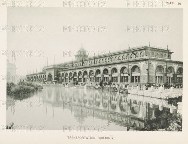 View of the Transportation Building, designed by Louis Sullivan at the World's Columbian Exposition in Chicago in 1893, Transportation Building, page, photomechanical print, number: 'Plate 39', photographer: Charles Dudley Arnold, Chicago, photographer: HD Higinbotham, cliché maker: anonymous, 1893, Charles Dudley Arnold, HD Higinbotham, photographer, cliché maker, North America, Illinois, paper, collotype, photoprint, height 134 mm x width 190 mm, world fair, world exhibition, World's Columbian Exposition, A wide neoclassical building with a long row of arched windows and ornate decorative elements runs along a calm reflective body of water, its facade mirrored in the surface below; a central domed tower rises above the roofline and flags fly from poles along the parapet, while sculptures and lampposts stand near the building's entrance and a balustraded walkway crowded with people lines the water's edge, with vegetation visible in the foreground and along the shore.