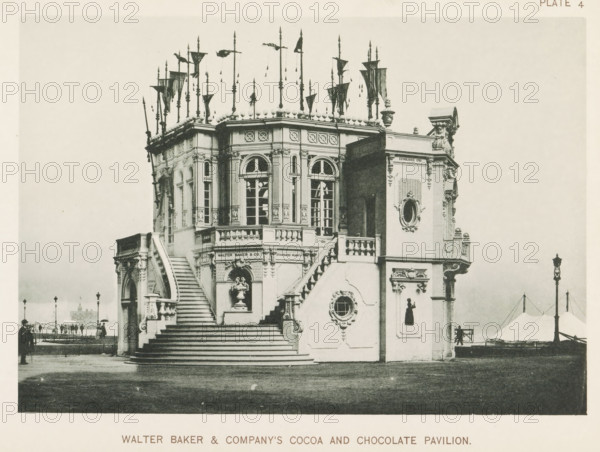 Walter Baker & Company cocoa and chocolate pavilion, Pavilion with cocoa and chocolate by Walter Baker & Company at the World's Columbian Exposition in Chicago in 1893, page, photomechanical print, number: 'Plate 4', photographer: Charles Dudley Arnold, Chicago, photographer: HD Higinbotham, cliché maker: anonymous, 1893, Charles Dudley Arnold, HD Higinbotham, photographer, cliché maker, North America, Illinois, paper, collotype, photoprint, height 134 mm x width 191 mm, world fair, world exhibition, World's Columbian Exposition, A large ornate pavilion with arched windows and decorative moldings sits on a raised platform reached by broad curved staircases on either side, topped by a balustraded terrace adorned with spherical finials and tall flag-topped poles; sculpted urns and carved reliefs embellish the façade, while round and oval framed windows and elaborate columns add detail; flags and pennants fly from slender poles above the roofline; a lamppost and a tented structure appear ...