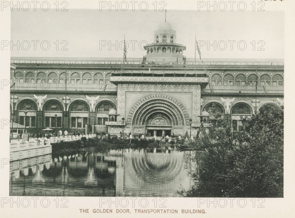 View of the transportation building with the golden door at the World's Columbian Exposition in Chicago in 1893, The Golden Door, Transportation Building, page, photomechanical print, number: 'Plate 41', photographer: Charles Dudley Arnold, Chicago, photographer: HD Higinbotham, cliché maker: anonymous, 1893, Charles Dudley Arnold, HD Higinbotham, photographer, cliché maker, North America, Illinois, paper, collotype, photoprint, height 131 mm x width 191 mm, gate, entrance, world fair, world exhibition, World's Columbian Exposition, A large ornate building facade fills the image with a central arched entrance composed of concentric decorative arches and detailed relief work, flanked by arcade openings with rounded tops and decorative keystones. Above the entrance sits a broad cornice and a multi-level tower topped by a domed cupola, with flagpoles and flags visible along the roofline. A reflecting pool in the foreground mirrors the building and arches, with a small boat moored at the w...