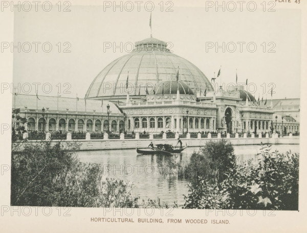 Horticultural Building, from Wooded Island, View of the horticultural building, designed by Jenney and Mundie at the World's Columbian Exposition in Chicago in 1893, page, photomechanical print, number: 'Plate 43', photographer: Charles Dudley Arnold, Chicago, photographer: HD Higinbotham, clichémaker: anonymous, 1893, Charles Dudley Arnold, HD Higinbotham, photographer, clichémaker, North America, Illinois, paper, collotype, photogravure, height 134 mm x width 190 mm, world fair, world exhibition, World's Columbian Exposition, A large domed building with ornate architectural details sits behind a balustrade along a body of water, with a smaller domed pavilion and arched colonnades extending horizontally; a narrow boat with several people and an oarsman is on the water in the foreground, while vegetation and bushes frame the near shoreline and reflections appear on the water surface.