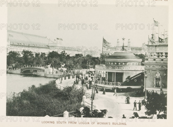 View of the World's Columbian Exposition in Chicago in 1893, Looking south from loggia of Woman's Building, page, photomechanical print, number: 'Plate 44', photographer: Charles Dudley Arnold, Chicago, photographer: HD Higinbotham, cliché maker: anonymous, 1893, North America, Illinois, paper, collotype, photoprint, height 134 mm x width 189 mm, world fair, world exhibition, World's Columbian Exposition, A waterfront scene showing a curved promenade lined with lamp posts and balustrades, with numerous people walking and standing along it, and a rounded pavilion decorated with circular and star motifs and an American flag flying from a pole nearby, while in the background a long ornate building with arches and rows of small flags stretches along the water behind leafy trees, and a decorative bridge with animal statues spans a narrow channel.