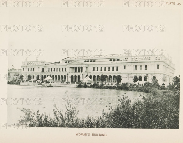 Woman's Building, View of the Women's Building, designed by Sophia Hayden at the World's Columbian Exposition in Chicago in 1893, page, photomechanical print, number: 'Plate 45', photographer: Charles Dudley Arnold, Chicago, photographer: HD Higinbotham, clichémaker: anonymous, 1893, Charles Dudley Arnold, HD Higinbotham, photographer, clichémaker, North America, Illinois, paper, collotype, photogravure, height 132 mm x width 191 mm, world fair, world exhibition, World's Columbian Exposition, A wide pale building with classical architectural features sits behind a body of water, showing a long façade with columns, arched openings on the ground level, rectangular windows on the upper level, decorative sculptures along the roofline, and a central pediment above a columned entrance; small tents and lamp posts stand on a terrace in front of the building, trees and shrubs line the waterfront, and foreground vegetation frames the lower edge of the image.