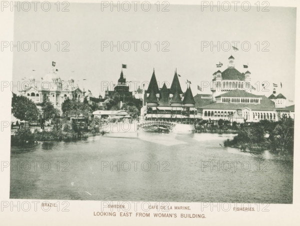 Looking east from Woman's Building, View of the World's Columbian Exposition in Chicago in 1893 with pavilions of Brazil and Sweden, the Cafe de la Marine and the fisheries building, page, photomechanical print, inscription: 'Brazil. Sweden. Cafe de la Marine. Fisheries.', number: 'Plate 46', photographer: Charles Dudley Arnold, Chicago, photographer: HD Higinbotham, clichémaker: anonymous, 1893, North America, Illinois, paper, collotype, photogravure, height 133 mm x width 190 mm, world fair, world exhibition, World's Columbian Exposition, A wide waterscape fills the foreground with gentle ripples leading to a shoreline lined with trees and low vegetation, and a decorative arched bridge crossing the water toward a cluster of ornate buildings; along the shore are multi-tiered structures with steep conical roofs and towers, a domed building with columns and smaller turrets, and a large pavilion-like building with rows of arched windows and a prominent cupola, many buildings displaying f...