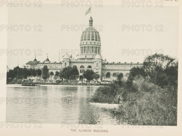 View of the Illinois Building at the World's Columbian Exposition in Chicago in 1893, The Illinois Building, page, photomechanical print, number: 'Plate 47', photographer: Charles Dudley Arnold, Chicago, photographer: HD Higinbotham, cliché maker: anonymous, 1893, Charles Dudley Arnold, HD Higinbotham, photographer, cliché maker, North America, Illinois, paper, collotype, photoprint, height 134 mm x width 190 mm, world fair, world exhibition, World's Columbian Exposition, A wide view of a large classical building with a prominent domed tower topped by a flag, a long facade with arched windows and decorative rooflines, and smaller towers and domes along its roofline; trees and shrubs line the front of the building, with a body of water in the foreground reflecting the structure; a small boat is on the water and a person stands near the grassy edge on the right, with taller vegetation and trees framing the right side.