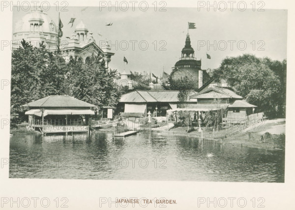 Japanese Tea garden, View of the Japanese tea garden at the World's Columbian Exposition in Chicago in 1893, page, photomechanical print, number: 'Plate 49', photographer: Charles Dudley Arnold, Chicago, photographer: HD Higinbotham, cliché maker: anonymous, 1893, Charles Dudley Arnold, HD Higinbotham, photographer, cliché maker, North America, Illinois, paper, collotype, light printing, height 120 mm x width 190 mm, tea garden, garden restaurant, world fair, world exhibition, World's Columbian Exposition, A riverside scene showing a covered pavilion on stilts projecting over the water with striped awnings, a dock extending from the shore, a cluster of wooden buildings with sloped roofs behind a small landscaped area, trees and shrubs surrounding the structures, a stone lantern and a small bridge-like walkway near the water, ornate domed and towered buildings visible above the trees in the background with flags flying from several points, and the water in the foreground reflecting the ...