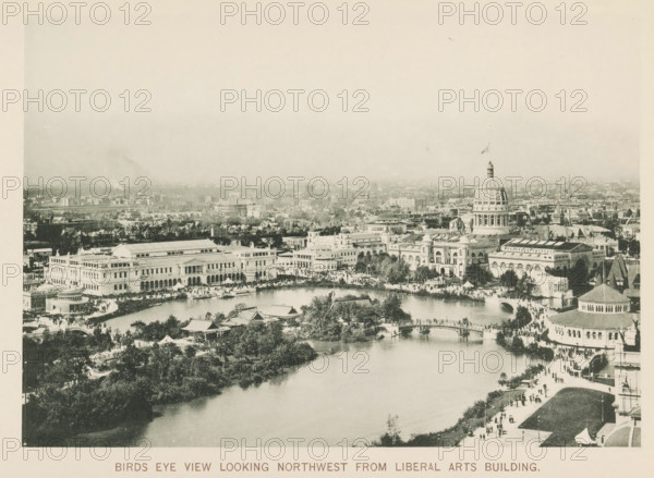 Birds eye view looking northwest from Liberal Arts Building, View of the World's Columbian Exposition in Chicago in 1893, page, photomechanical print, number: 'Plate 5', photographer: Charles Dudley Arnold, Chicago, photographer: HD Higinbotham, cliché maker: anonymous, 1893, Charles Dudley Arnold, HD Higinbotham, photographer, cliché maker, North America, Illinois, paper, collotype, photoprint, height 134 mm x width 190 mm, world fair, world exhibition, World's Columbian Exposition, A wide aerial view of a large fairground area with a broad body of water in the foreground edged by trees and small pavilions, a decorative arched footbridge spanning the water, wide promenades with clusters of people walking, and extensive classical-style exhibition buildings along the water including a domed building with a flag atop and colonnaded facades, additional ornate structures with towers and rounded roofs, landscaped gardens and tree-lined paths, and a distant urban skyline stretching to the ho...