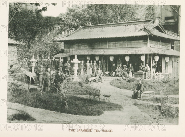 Japanese tea house at the World's Columbian Exposition in Chicago in 1893, The Japanese Tea House, page, photomechanical print, number: 'Plate 50', photographer: Charles Dudley Arnold, Chicago, photographer: HD Higinbotham, cliché maker: anonymous, 1893, Charles Dudley Arnold, HD Higinbotham, photographer, cliché maker, North America, Illinois, paper, collotype, light printing, height 133 mm x width 190 mm, tea garden, garden restaurant, world fair, world exhibition, World's Columbian Exposition, A black and white photograph of a traditional two-story wooden building with a tiled sloping roof and a covered veranda lined with hanging lanterns, set behind a garden with paths, low shrubs, stone lanterns, and decorative crane sculptures; people in period clothing are seated and standing around the veranda and garden, some on benches and stools, others near the stone lanterns and plants; trees and taller foliage rise behind and to the side of the building, and small garden fences and arbors...