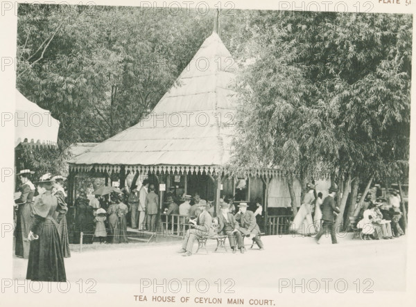 Teahouse of Ceylon at the World's Columbian Exposition in Chicago in 1893, Tea House of Ceylon Main Court, page, photomechanical print, number: 'Plate 51', photographer: Charles Dudley Arnold, Chicago, photographer: HD Higinbotham, cliché maker: anonymous, 1893, Charles Dudley Arnold, HD Higinbotham, photographer, cliché maker, North America, Illinois, paper, collotype, light printing, height 134 mm x width 190 mm, tea garden, garden restaurant, world fair, world exhibition, World's Columbian Exposition, A thatched pavilion with a steep conical roof sits partially obscured by tall leafy trees, surrounded by groups of people in period clothing; several women in long dresses and hats stand and converse near the left foreground while a cluster of men in suits and hats occupy benches and the pavilion entrance, some seated and some standing; decorative trim hangs along the pavilion eaves, and small signs are visible at the entrance; figures move or sit around tables on the right, and vegeta...