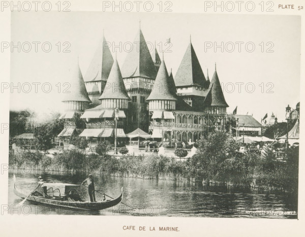 Cafe de la Marine, View of the Café de la Marine at the World's Columbian Exposition in Chicago in 1893, page, photomechanical print, number: 'Plate 52', photographer: Charles Dudley Arnold, Chicago, cliché maker: anonymous, 1893, Charles Dudley Arnold, photographer, cliché maker, North America, Illinois, paper, collotype, photoprint, height 134 mm x width 191 mm, inn, coffee-house, public house, world fair, world exhibition, World's Columbian Exposition, A riverside scene showing a large ornate building with multiple steep conical and pyramidal roofs, turrets, and decorative wooden balconies along its façade, with awnings over the lower-level openings and people visible on the balcony and near the entrance; trees and shrubs line the bank in front of the building; a gondola-like boat with a covered seating area is on the water in the foreground with a standing oarsman and another person seated under the cover; the water reflects the boat and vegetation; additional smaller structures an...