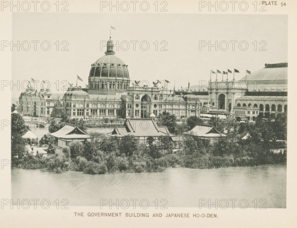 View of the exhibition building for the United States and the Japanese pavilion at the World's Columbian Exposition in Chicago in 1893, The Government Building and Japanese Ho-o-den, page, photomechanical print, number: 'Plate 54', photographer: Charles Dudley Arnold, Chicago, photographer: HD Higinbotham, clichémaker: anonymous, 1893, Charles Dudley Arnold, HD Higinbotham, photographer, clichémaker, North America, Illinois, paper, collotype, photogravure, height 133 mm x width 190 mm, world fair, world exhibition, World's Columbian Exposition, A wide view shows a large classical building with a central dome topped by a flag, flanked by ornate wings with arched windows and smaller domes, multiple flags flying along the roofline, sculpted eagle figures on roof parapets, and a grand arched entrance; in front of this building are traditional Japanese-style pavilions with tiered roofs surrounded by trees and a body of water in the foreground with rippled surface.