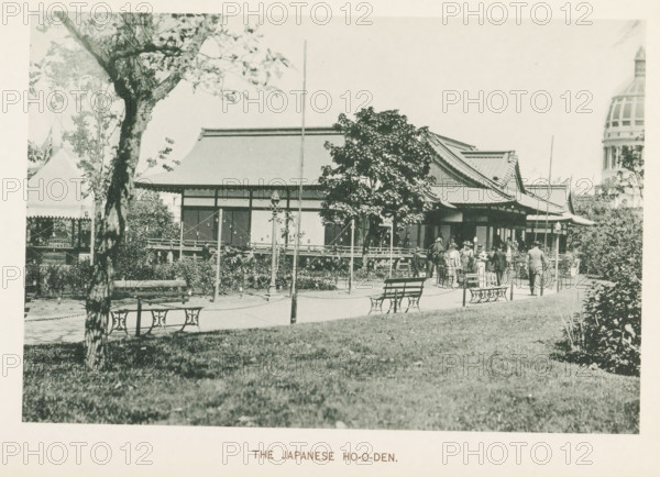 The Japanese Ho-o-den, View of the Japanese Pavilion at the World's Columbian Exposition in Chicago in 1893, page, photomechanical print, number: 'Plate 55', photographer: Charles Dudley Arnold, Chicago, photographer: HD Higinbotham, cliché maker: anonymous, 1893, Charles Dudley Arnold, HD Higinbotham, photographer, cliché maker, North America, Illinois, paper, collotype, photoprint, height 128 mm x width 191 mm, world fair, world exhibition, World's Columbian Exposition, A grassy foreground with a paved path bordered by low chains and decorative benches leads to a garden area with trees and shrubbery; a large tree trunk is visible in the left foreground and a leafy tree stands nearer the center; a low wooden building with a sweeping tiled roof and open verandas occupies the middle ground, with ornamental posts and a lamp post along the front; several people in period clothing are gathered near the building, some standing and some seated on benches; tents or canopies are visible at the...