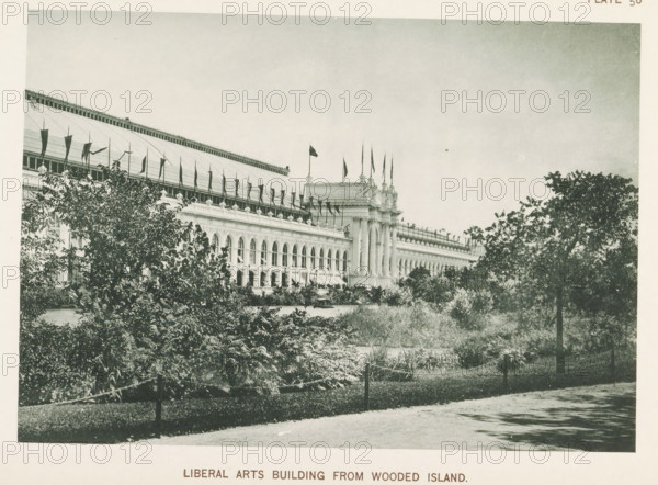 View of the Engineering and Liberal Arts Building during the World's Columbian Exposition in Chicago in 1893, Liberal Arts Building from Wooded Island, page, photomechanical print, number: 'Plate 56', photographer: Charles Dudley Arnold, Chicago, photographer: HD Higinbotham, clichémaker: anonymous, 1893, Charles Dudley Arnold, HD Higinbotham, photographer, clichémaker, North America, Illinois, paper, collotype, photogravure, height 132 mm x width 190 mm, world fair, world exhibition, World's Columbian Exposition, A large classical building with a long colonnaded facade and arched windows stretches across the scene behind trees and shrubbery, a curved roofline above the facade lined with small flags on poles, a taller central section with decorative sculptures and taller flagpoles rising above it, a foreground of dense foliage, grassy areas, and a dirt path with a lone tree casting a shadow.