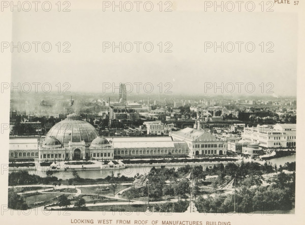 View of the World's Columbian Exposition in Chicago in 1893 with the horticultural building in the foreground, Looking west from roof of Manufactures Building, page, photomechanical print, number: 'Plate 57', photographer: Charles Dudley Arnold, Chicago, photographer: HD Higinbotham, clichémaker: anonymous, 1893, Charles Dudley Arnold, HD Higinbotham, photographer, clichémaker, North America, Illinois, paper, collotype, photogravure, height 134 mm x width 190 mm, world fair, world exhibition, World's Columbian Exposition, A wide panoramic scene shows a large neoclassical building with a central domed roof flanked by smaller domes and long colonnaded facades facing a body of water, with landscaped grounds and tree-lined paths in the foreground. Flags on tall poles wave above the park area near the water, and a decorative statue or monument is visible near the edge of the grounds. Across the water and behind the main building, a dense urban area stretches into the distance with numerous ...