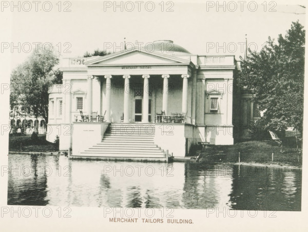 View of the Merchant Taylors' Company pavilion at the World's Columbian Exposition in Chicago in 1893, Merchant Tailors Building, page, photomechanical print, number: 'Plate 58', photographer: Charles Dudley Arnold, Chicago, photographer: HD Higinbotham, cliché maker: anonymous, 1893, North America, Illinois, paper, collotype, photoprint, height 133 mm x width 191 mm, world fair, world exhibition, World's Columbian Exposition, A neoclassical building with a domed roof sits at the water’s edge, featuring a wide flight of steps down to the water, a columned portico with tall fluted columns, and a triangular pediment above the entrance; porches on either side of the steps hold wooden chairs and small tables, latticed windows and decorative moldings flank the central facade, and trees and shrubs frame the building on both sides while the water in front reflects the building’s facade.