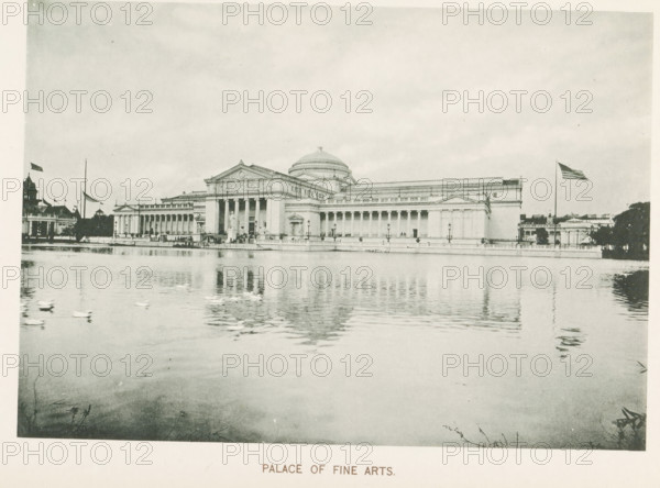 Palace of Fine Arts, View of the Palace of Fine Arts at the World's Columbian Exposition in Chicago in 1893, page, photomechanical print, number: 'Plate 59', photographer: Charles Dudley Arnold, Chicago, photographer: HD Higinbotham, cliché maker: anonymous, 1893, Charles Dudley Arnold, HD Higinbotham, photographer, cliché maker, North America, Illinois, paper, collotype, photoprint, height 133 mm x width 191 mm, permanent exhibition, museum, world fair, world exhibition, World's Columbian Exposition, A wide neoclassical building with a central pedimented portico supported by tall columns and a large domed roof behind it sits along a waterfront, its facade reflected in the calm water in the foreground; flags fly on poles near the building, lamps line the terrace, small figures are visible on the steps and promenade, and birds float on the water near the near shore.