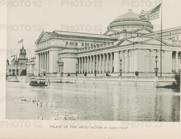 Palace of Fine Arts, View of the Palace of Fine Arts at the World's Columbian Exposition in Chicago in 1893, page, photomechanical print, number: 'Plate 60', photographer: Charles Dudley Arnold, Chicago, photographer: HD Higinbotham, cliché maker: anonymous, 1893, Charles Dudley Arnold, HD Higinbotham, photographer, cliché maker, North America, Illinois, paper, collotype, photoprint, height 133 mm x width 191 mm, permanent exhibition, museum, world fair, world exhibition, World's Columbian Exposition, A wide stone building with classical columns and a large domed roof sits beside a body of water, with ornate balustrades and decorative lamps along the waterfront; a small covered boat carrying several people is on the water near the building, and a group of birds floats on the water closer to the foreground; a tall flagpole with a waving flag rises beside the building, and additional smaller architectural details and rooftop elements are visible along the structure.