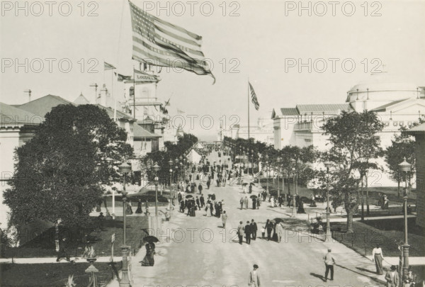 Avenue of State Buildings, View of the street lined with state pavilions during the World's Columbian Exposition in Chicago in 1893, page, photomechanical print, number: 'Plate 64', photographer: Charles Dudley Arnold, Chicago, photographer: HD Higinbotham, clichémaker: anonymous, 1893, Charles Dudley Arnold, HD Higinbotham, photographer, clichémaker, North America, Illinois, paper, collotype, photogravure, height 129 mm x width 190 mm, world fair, world exhibition, World's Columbian Exposition, A wide boulevard flanked by large classical buildings and rows of lamp posts stretches into the distance, with numerous people strolling along the street and sidewalks, some holding parasols and wearing period clothing and hats. Large trees and planted areas line the edges of the avenue, and tall flagpoles rise above the buildings, one with a large flag billowing in the breeze. Architectural details include domes, pediments, and ornate facades on the buildings framing the scene. The image has a...