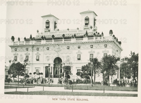 New York State Building, Pavilion of the State of New York during the World's Columbian Exposition in Chicago in 1893, page, photomechanical print, number: 'Plate 65', photographer: Charles Dudley Arnold, Chicago, photographer: HD Higinbotham, cliché maker: anonymous, 1893, Charles Dudley Arnold, HD Higinbotham, photographer, cliché maker, North America, Illinois, paper, collotype, photoprint, height 134 mm x width 191 mm, world fair, world exhibition, World's Columbian Exposition, A large ornate building with a pale facade and decorative stonework features two square towers with striped awnings and balustraded terraces topped with potted plants and sculpted greenery; rows of windows with striped awnings line the upper and lower levels, and a grand arched central entrance is flanked by columns and ornamental reliefs. In front of the building a landscaped lawn and pathways are visible, with trees, lampposts, and clusters of people gathered near the entrance and along the walkways, some ...