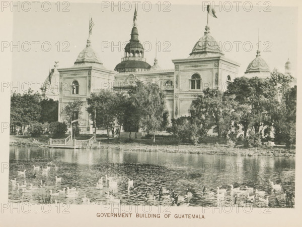 Government Building of Guatemala at the World's Columbian Exposition in Chicago in 1893, page, photomechanical print, number: 'Plate 78', photographer: Charles Dudley Arnold, Chicago, photographer: HD Higinbotham, cliché maker: anonymous, 1893, Charles Dudley Arnold, HD Higinbotham, photographer, cliché maker, North America, Illinois, paper, collotype, photoprint, height 133 mm x width 190 mm, world fair, world exhibition, World's Columbian Exposition, A large ornate building with multiple domed towers and arched windows sits behind a row of trees along a waterfront, with a central taller domed pavilion and flagpoles atop some towers, decorative architectural details on the façades, a small dock with steps leading to the water, and numerous waterfowl swimming on the reflective surface in the foreground.