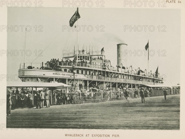 Steamship at a pier at the World's Columbian Exposition in Chicago in 1893, Whaleback at exposition pier, page, photomechanical print, number: 'Plate 82', photographer: Charles Dudley Arnold, Chicago, photographer: HD Higinbotham, cliché maker: anonymous, 1893, Charles Dudley Arnold, HD Higinbotham, photographer, cliché maker, North America, Illinois, paper, collotype, light printing, height 133 mm x width 190 mm, ships (in general), pier, quay, wharf, world fair, world exhibition, World's Columbian Exposition, A large multi-deck steamship is docked alongside a wooden pier with many people standing on the decks and on the pier; the ship has a tall funnel, railings, lifeboats, a central mast with a large flag, and crowded upper and lower promenades; on the pier there are tents or awnings, rows of chairs, lamp posts, and a dense crowd of men and women, some holding umbrellas, while a few figures walk on the open boardwalk in front of the ship.