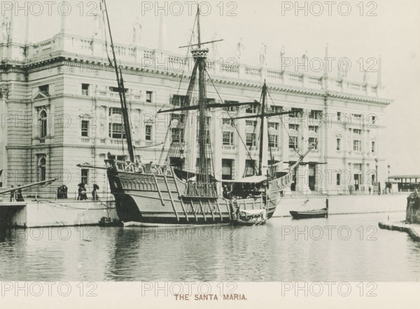 The Santa Maria, Replica of the Santa Maria, a sailing ship of Christopher Columbus, at the World's Columbian Exposition in Chicago in 1893, page, photomechanical print, number: 'Plate 85', photographer: Charles Dudley Arnold, Chicago, photographer: HD Higinbotham, cliché maker: anonymous, 1893, Charles Dudley Arnold, HD Higinbotham, photographer, cliché maker, North America, Illinois, paper, collotype, photoprint, height 133 mm x width 190 mm, ships (in general), world fair, world exhibition, World's Columbian Exposition, A large wooden sailing ship with tall masts and rigging is moored at a quay in front of an ornate multi-story stone building. The ship shows detailed carved railings and a raised stern, with ropes and spars extending upward and outward. The building behind has rows of windows, decorative columns, cornices, and statues along its roofline. People stand on the quay near the ship, some under umbrellas, and a small rowboat is alongside the larger vessel on the water, whic...