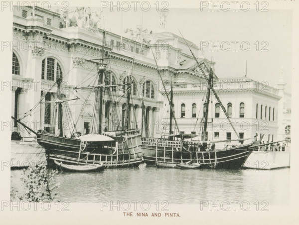 Replicas of the Niña and the Pinta, sailing ships of Christopher Columbus, at the World's Columbian Exposition in Chicago in 1893, The Nina and Pinta, page, photomechanical print, number: 'Plate 86', photographer: Charles Dudley Arnold, Chicago, photographer: HD Higinbotham, clichémaker: anonymous, 1893, Charles Dudley Arnold, HD Higinbotham, photographer, clichémaker, North America, Illinois, paper, collotype, photoprint, height 133 mm x width 191 mm, ships (in general), world fair, world exhibition, World's Columbian Exposition, Two wooden sailing ships with tall masts and rigging float side by side at a waterfront in front of a large ornate stone building with arched windows and decorative columns. The ships have high sterns, visible hull planking, small rowboats alongside, and spars extending upward with ropes and crossbeams. The building behind them features carved cornices, sculptural details on the roofline, multiple arched windows with gridded panes, and a balustrade along an u...