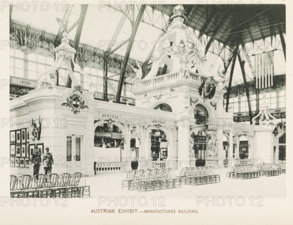 Exhibition of Austria at the World's Columbian Exposition in Chicago in 1893, Austrian exhibit.- Manufactures Building, page, photomechanical print, number: 'Plate 9', photographer: Charles Dudley Arnold, Chicago, photographer: HD Higinbotham, clichémaker: anonymous, 1893, Charles Dudley Arnold, HD Higinbotham, photographer, cliché maker, North America, Illinois, paper, collotype, photoprint, height 134 mm x width 190 mm, world fair, world exhibition, World's Columbian Exposition, A large ornate exhibition structure with decorative arches, sculpted figures, and balustrades fills an indoor space beneath a high iron-and-glass roof. The façade shows carved coats of arms, crowned finials, and ornamental reliefs, with statues integrated into the architecture and winged figures atop the arches. Rows of simple wooden chairs are arranged in front of the building on the open floor. Two uniformed figures stand near a doorway on the left beside framed pictures mounted on the wall. Large industria...