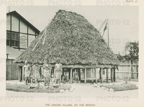 The Samoan village, on the Midway, House and people from Samoa at the World's Columbian Exposition in Chicago in 1893, page, photomechanical print, number: 'Plate 96', photographer: Charles Dudley Arnold, Chicago, photographer: HD Higinbotham, cliché maker: anonymous, 1893, Charles Dudley Arnold, HD Higinbotham, photographer, cliché maker, North America, Illinois, paper, collotype, photoprint, height 132 mm x width 190 mm, world fair, world exhibition, World's Columbian Exposition, A large thatched structure on stilts with a steep, densely layered roof occupies the center of the image, with wooden poles visible beneath it and a woven or textured skirt around the base; several people stand and sit in front of and beneath the structure wearing skirts and garments made of natural fibers and leafy materials, some with decorative collars or sashes, and a few are seated on the ground on grassy patches or low mats; to the left a timber-framed building with rectangular windows and a corrugated...