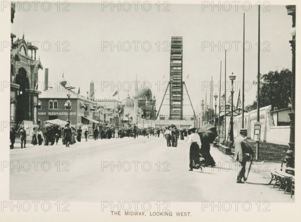 The Midway, looking west, View of a street with national pavilions and a Ferris wheel at the World's Columbian Exposition in Chicago in 1893, page, photomechanical print, number: 'Plate 97', photographer: Charles Dudley Arnold, Chicago, photographer: HD Higinbotham, clichémaker: anonymous, 1893, Charles Dudley Arnold, HD Higinbotham, photographer, clichémaker, North America, Illinois, paper, collotype, photogravure, height 132 mm x width 190 mm, world fair, world exhibition, giant wheel, Ferris wheel, World's Columbian Exposition, A wide promenade filled with people walking and standing beneath a bright sky, with many individuals wearing long coats and hats and some holding umbrellas; on the left a series of ornate buildings and pavilions with decorative facades and domes rise along the street, and on the right a tall Ferris wheel structure is visible behind a row of tall slender poles and lamp posts, with benches and a man leaning on a cane near the foreground edge.