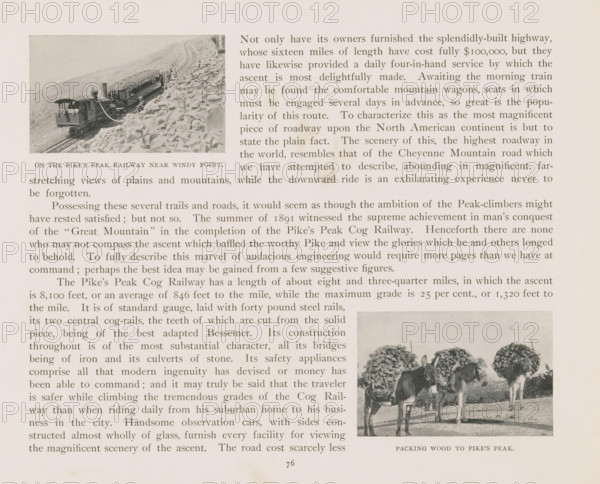 Packing wood to Pike's Peak, Three pack mules loaded with wood, page, photomechanical print, Colorado, cliché maker: New York Photo-Gravure Company, New York (city), c. 1888 - in or before 1893, New York Photo-Gravure Company, photographer, cliché maker, North America, paper, autotypie, height 48 mm x width 75 mm, ass, donkey, mule, El Paso (Colorado), Pikes Peak (El Paso), A sepia-toned page shows a small rectangular photograph of a train climbing a rocky slope with a locomotive and a passenger car on narrow-gauge tracks and scattered boulders beside the rail, and below and to the right of the photograph there is a larger rectangular image of two pack animals loaded with large bundled loads standing on a flat area; the remainder of the page is filled with columns of printed text.