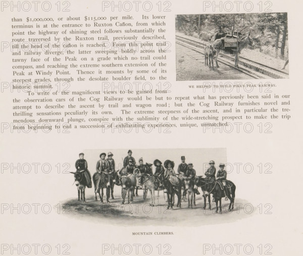 We helped to build Pike's Peak railway, Two donkeys, one loaded with tools, page, photomechanical print, Colorado, cliché maker: New York Photo-Gravure Company, New York (city), c. 1888 - in or before 1893, New York Photo-Gravure Company, photographer, cliché maker, North America, paper, autotypie, height 48 mm x width 82 mm, ass, donkey, mule, El Paso (Colorado), Pikes Peak (El Paso), A printed page showing an illustration of a group of people seated on and standing beside horses and mules arranged in a loose line across a dirt foreground, the riders wearing hats and varied clothing and some animals carrying packs, above the illustration a block of dense printed text fills the left margin while to the right a small rectangular photograph depicts two pack animals beside a set of rails in a wooded area, and the page has a wide blank margin around the images and text.