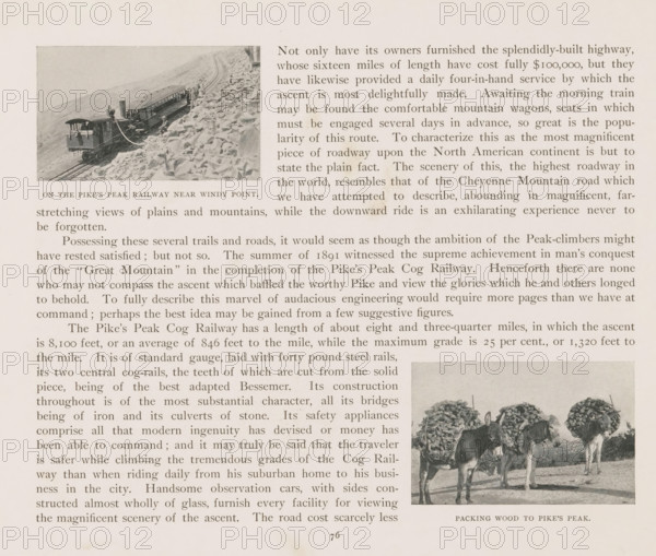 We helped to build Pike's Peak railway, View of a company riding on donkeys, page, photomechanical print, Colorado, cliché maker: New York Photo-Gravure Company, New York (city), c. 1888 - in or before 1893, New York Photo-Gravure Company, photographer, cliché maker, North America, paper, autotypie, height 57 mm x width 151 mm, ass, donkey, mule, anonymous historical persons depicted in a group, in a group-portrait, A sepia-toned page showing a rectangular photograph of a small train climbing a rocky slope with open-sided cars and a track running diagonally, surrounded by rough stones, and a smaller rectangular photo at the lower right showing two animals standing side by side with large loads on their backs; the rest of the page is filled with dense printed text in narrow columns and a small centered page number at the bottom.