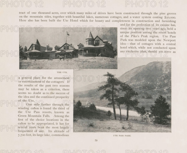 The Ramona, Cascade Cañon, View of the Ramona Hotel at Cascade, page, photomechanical print, Cascade, cliché maker: New York Photo-Gravure Company, New York (city), c. 1888 - in or before 1893, photographer, North America, Colorado, El Paso (Colorado), paper, autotypie, height 100 mm x width 126 mm, waterfall, A page from an old book showing two black and white photographs and surrounding printed text, the upper photograph depicting a large Victorian-style building with turrets and wraparound porches, a flag on a pole and a horse-drawn carriage on a grassy area in front, the lower photograph showing a valley scene with trees in the foreground, a river or lake, and mountains rising in the background.
