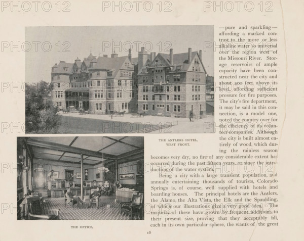 View of the Antlers Hotel in Colorado Springs, The Antlers Hotel, West front, page, photomechanical print, Colorado Springs, cliché maker: New York Photo-Gravure Company, New York (city), c. 1888 - in or before 1893, photographer, North America, Colorado, paper, autotypie, height 87 mm x width 151 mm, hotel, hostelry, inn, façade (of house or building), A page showing two black and white photographs and surrounding printed columns, the upper photograph depicting a large multi-story stone building with many windows, pitched roofs, chimneys, and a covered entrance with carriages and figures on the street in front, framed by trees at one side, and the lower photograph showing an interior room with patterned flooring, furnished with chairs, tables, lamps, framed pictures, and several people seated and standing, all rendered in a vintage photographic style, with visible paper aging and a vertical crease near the right edge.