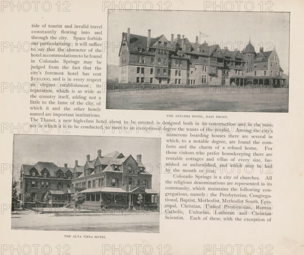 The office, Interior of the Antlers Hotel in Colorado Springs, page, photomechanical print, Colorado Springs, cliché maker: New York Photo-Gravure Company, New York (city), c. 1888 - in or before 1893, photographer, North America, Colorado, paper, autotypie, height 67 mm x width 101 mm, historical persons, office (, administration), A sepia-toned page shows two photographic images of large multi-story hotels with steep gabled roofs, dormer windows, chimneys, and wraparound porches, positioned one above the other on the right and left sides of the page; the upper photograph depicts a long stone and brick building with varied rooflines, a conical tower at one end, a flag flying above, and an open foreground, while the lower photograph shows a different brick hotel with a prominent covered veranda, trees near the entrance, and a street in front; surrounding the photographs are columns of printed text.