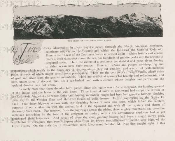 View of the Pikes Peak mountain range, The crest of the Pike's Peak range, page, photomechanical print, Colorado, cliché maker: New York Photo-Gravure Company, New York (city), c. 1888 - in or before 1893, New York Photo-Gravure Company, photographer, cliché maker, North America, paper, autotypie, height 79 mm x width 198 mm, landscapes, mountain-range, snow peaks, El Paso (Colorado), Pikes Peak (El Paso), A printed page showing a decorative rectangular illustration of a mountain ridge across the top with a scalloped ornate border, below which is a block of serif text in columns spanning the page; at the left edge a large decorative initial occupies the margin with swirling flourishes, and the text area fills the remainder of the page with evenly spaced lines and a uniform margin around the edges.