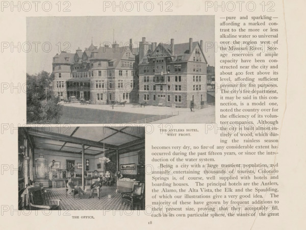 View of the Alta Vista Hotel in Colorado Springs, The Alta Vista Hotel, page, photomechanical print, Colorado Springs, cliché maker: New York Photo-Gravure Company, New York (city), c. 1888 - in or before 1893, photographer, North America, Colorado, paper, autotypie, height 79 mm x width 123 mm, hotel, hostelry, inn, façade (of house or building), A sepia-toned page showing two black-and-white photographic images side by side with printed columns of text along the right edge; the upper photograph depicts a large multi-story stone hotel building with steep gabled roofs, chimneys, turrets, rows of windows, an entrance porch, a street in front with horse-drawn carriages and a few small figures, and trees visible at the left edge; the lower photograph shows an interior room with patterned floor tiles, wooden furniture including chairs and tables, a counter or desk area, framed pictures on the walls, a chandelier hanging from a beamed ceiling, and several seated and standing people.
