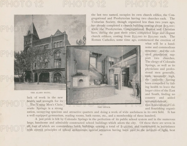 Photomontage of the Alamo Hotel and reception, Colorado Springs, The Alamo Hotel, The office, page, photomechanical print, photomontage, cliché maker: New York Photo-Gravure Company, New York (city), c. 1888 - in or before 1893, photographer, North America, Colorado, paper, autotypie, height 123 mm x width 173 mm, hotel, hostelry, inn, façade (of house or building), reception desk (, hotel), A sepia-toned page shows two rectangular photographic images placed side by side overlaid on printed columns of text, with the left photograph depicting the exterior of a multi-story brick building with arched windows, decorative cornices, a steep pointed tower, and trees partially obscuring the ground level, and the right photograph showing an interior space with a wooden reception counter, a staircase leading upward, hanging light fixtures, a tall doorway, and potted plants near the entrance.