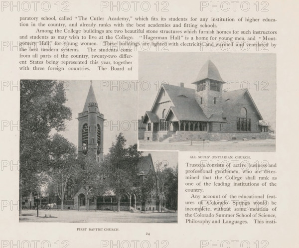 Photomontage of two churches in Colorado Springs, All Souls's (Unitarian) Church, First Baptist Church, page, photomechanical print, photomontage, Colorado Springs, cliché maker: New York Photo-Gravure Company, New York (city), c. 1888 - in or before 1893, New York Photo-Gravure Company, photographer, cliché maker, North America, Colorado, paper, autotypie, height 135 mm x width 201 mm, church (exterior), A sepia-toned page showing three photographic images of church buildings and surrounding trees, with printed paragraphs of text above and beside the photos. The top right photograph depicts a stone church with a steep roof, a square tower topped by a pyramidal roof, arched windows, and a covered porch with decorative supports. The left photograph shows a tall bell tower with narrow openings and a pointed spire, partially obscured by leafy trees. The lower left photograph presents a street view of a church façade with a central arched entrance, tall windows, mature trees lining the sid...