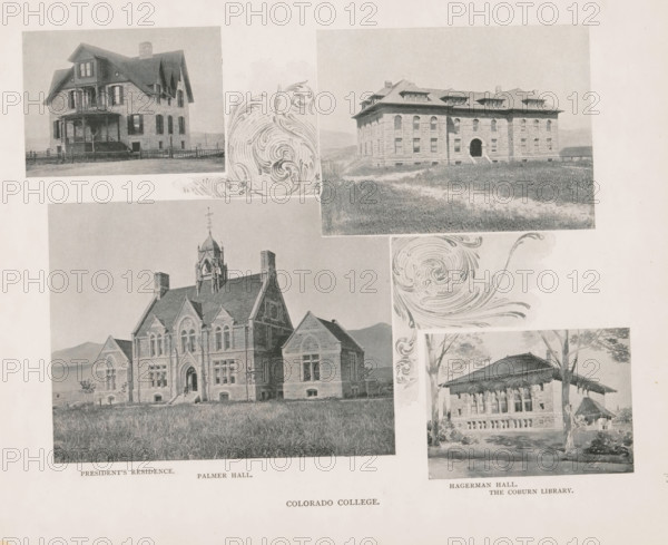 Colorado College, Photomontage of four colleges in Colorado, page, photomechanical print, photomontage, inscription: 'President's residence, Palmer Hall, Hagerman Hall, The Coburn Library', Colorado, cliché maker: New York Photo-Gravure Company, New York (city), c. 1888 - in or before 1893, New York Photo-Gravure Company, photographer, cliché maker, North America, paper, autotypie, height 167 mm x width 225 mm, facade (of house or building), university building, college, A collage of grayscale images showing several large buildings and decorative swirls on a pale background, including a multi-story house with a wraparound porch and shuttered windows, a stone institutional building with arched windows and a central archway entrance set in a grassy foreground, a gothic-style stone building with a central tower and steeply pitched roofs, and a smaller pavilion-like structure with columns and a covered porch framed by trees.